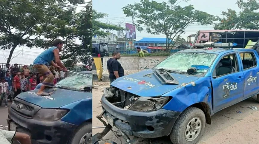 মহাসড়কে জয় বাংলা স্লোগান দিয়ে পুলিশের গাড়ি ভাঙচুর